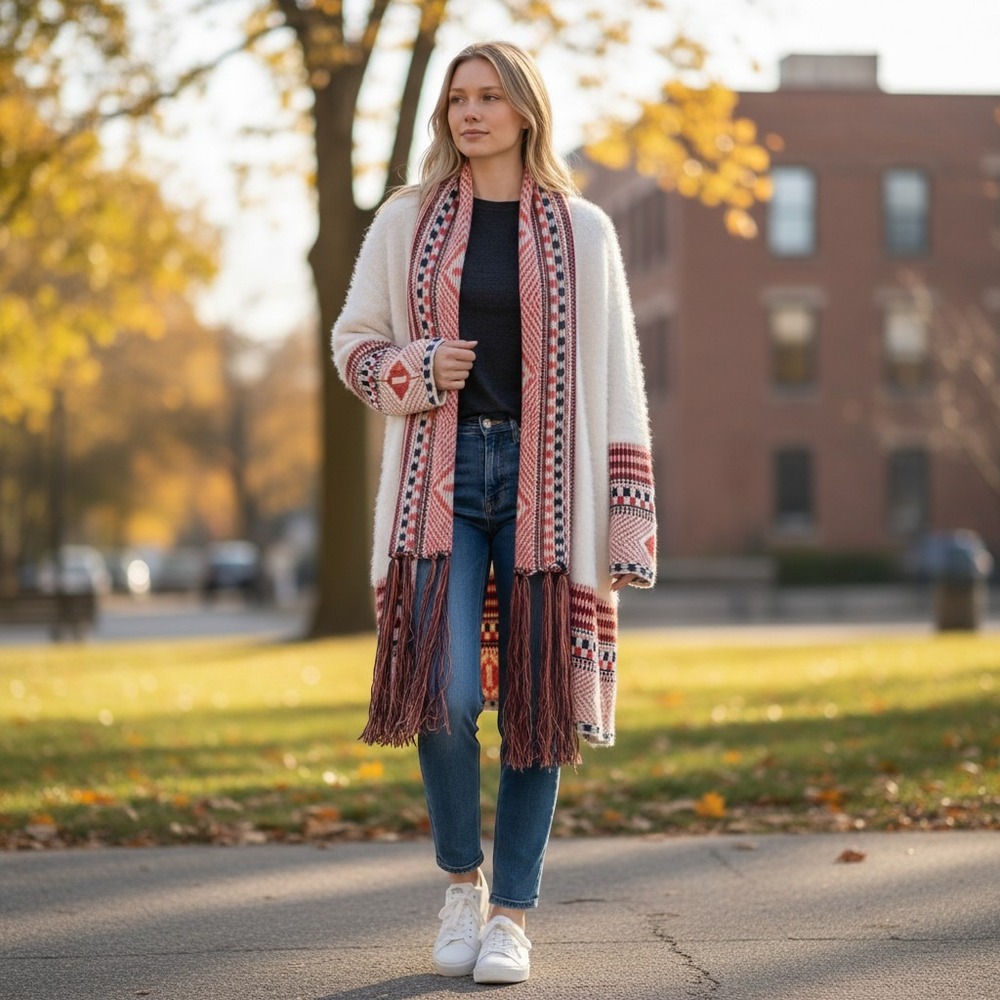 Maxsport Cardigan Sweater Women XL Cream Excellent Southwestern Eyelash Scarf